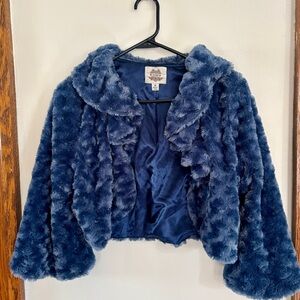 Esley Blue Cropped Soft Furry Cardigan With Collar and Bell Sleeves Medium